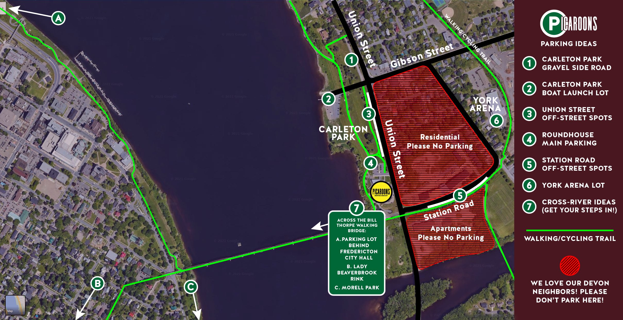 Map Showing Picaroons Parking Options